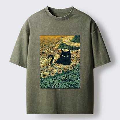 Japanese Style Sunflower Cat Washed T-Shirt