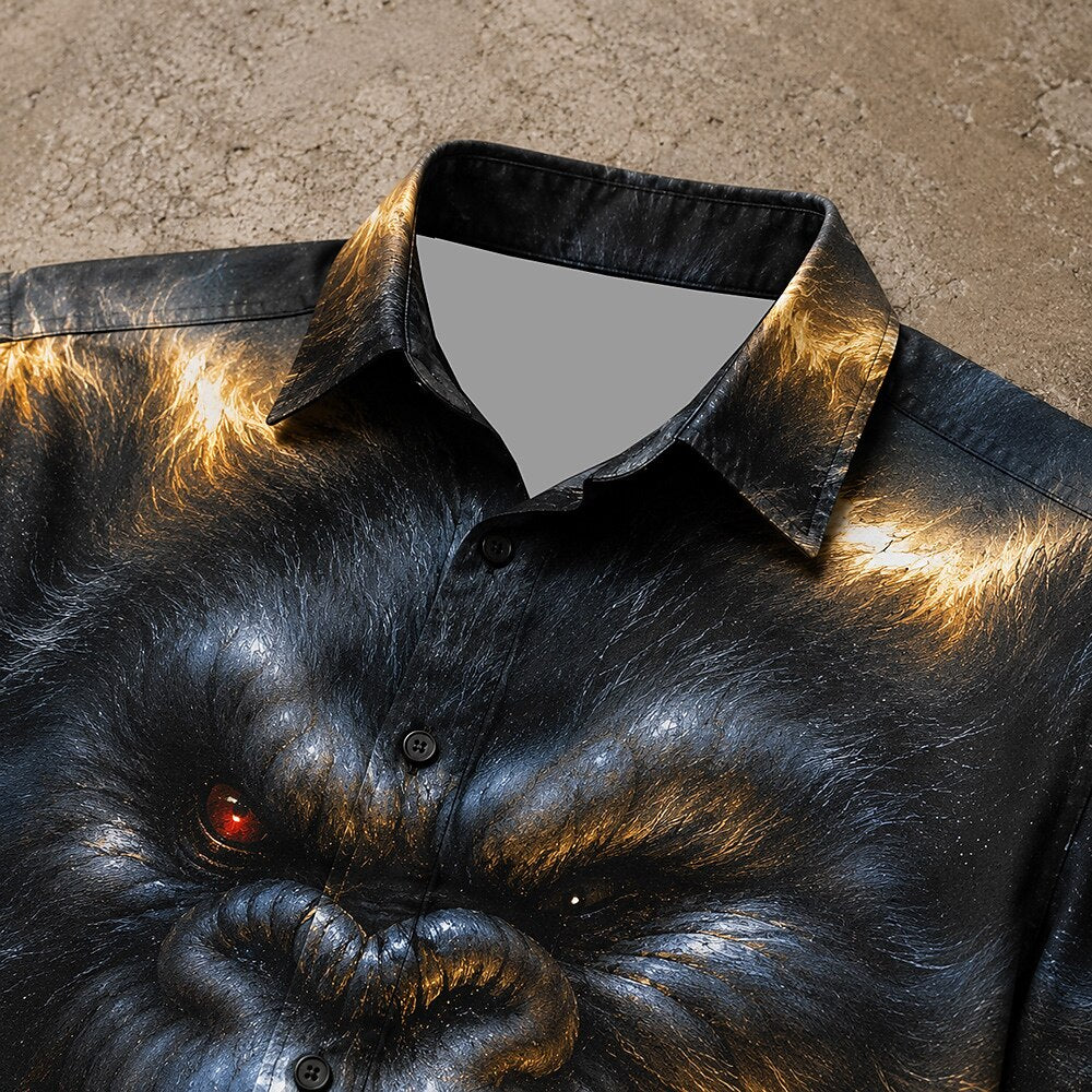 Men's Evil Gorilla Print Short Sleeve Horror Button-Down Shirt