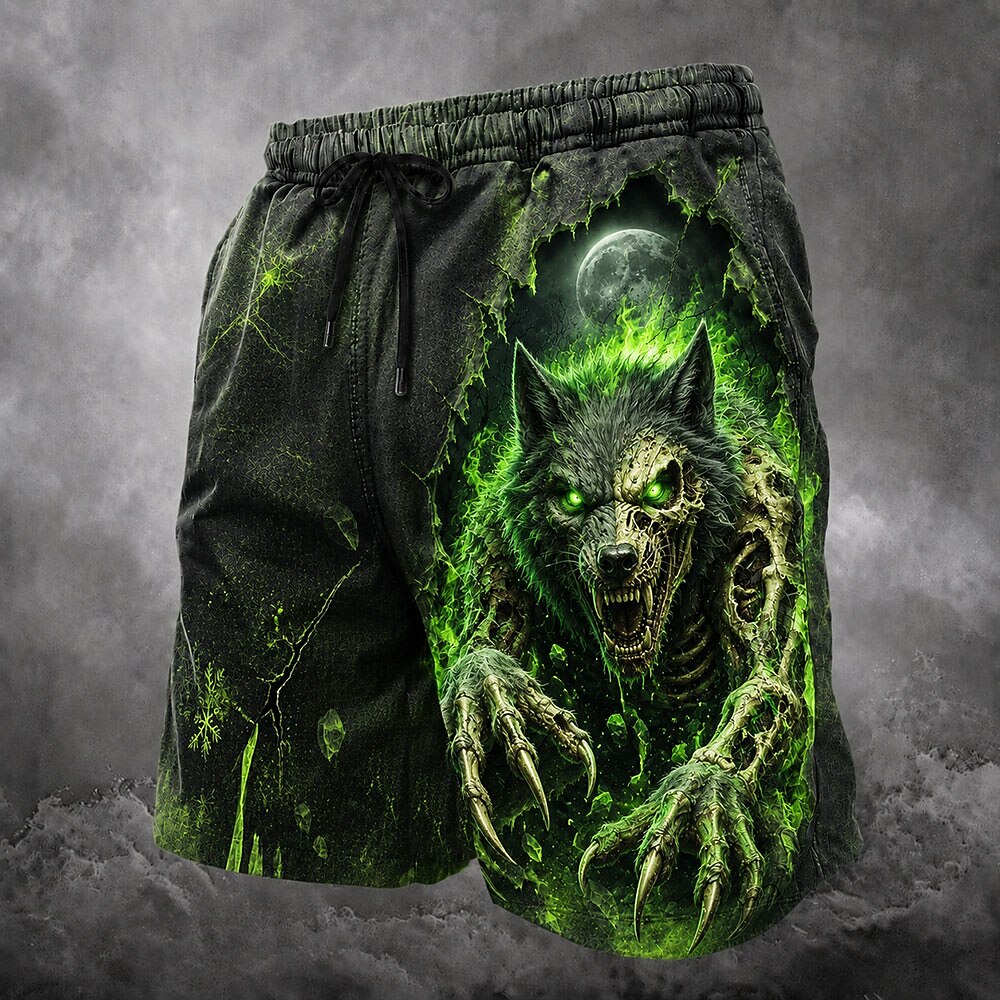 Men's Green Grim Reaper Print Mid-Length Streetwear Swim Shorts