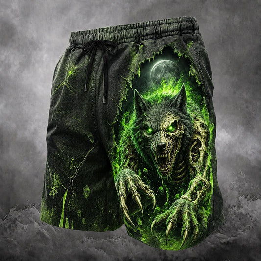 Men's Green Grim Reaper Print Mid-Length Streetwear Swim Shorts