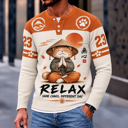 Relax Meditating Cat 23 Henley Long Sleeve T-Shirt