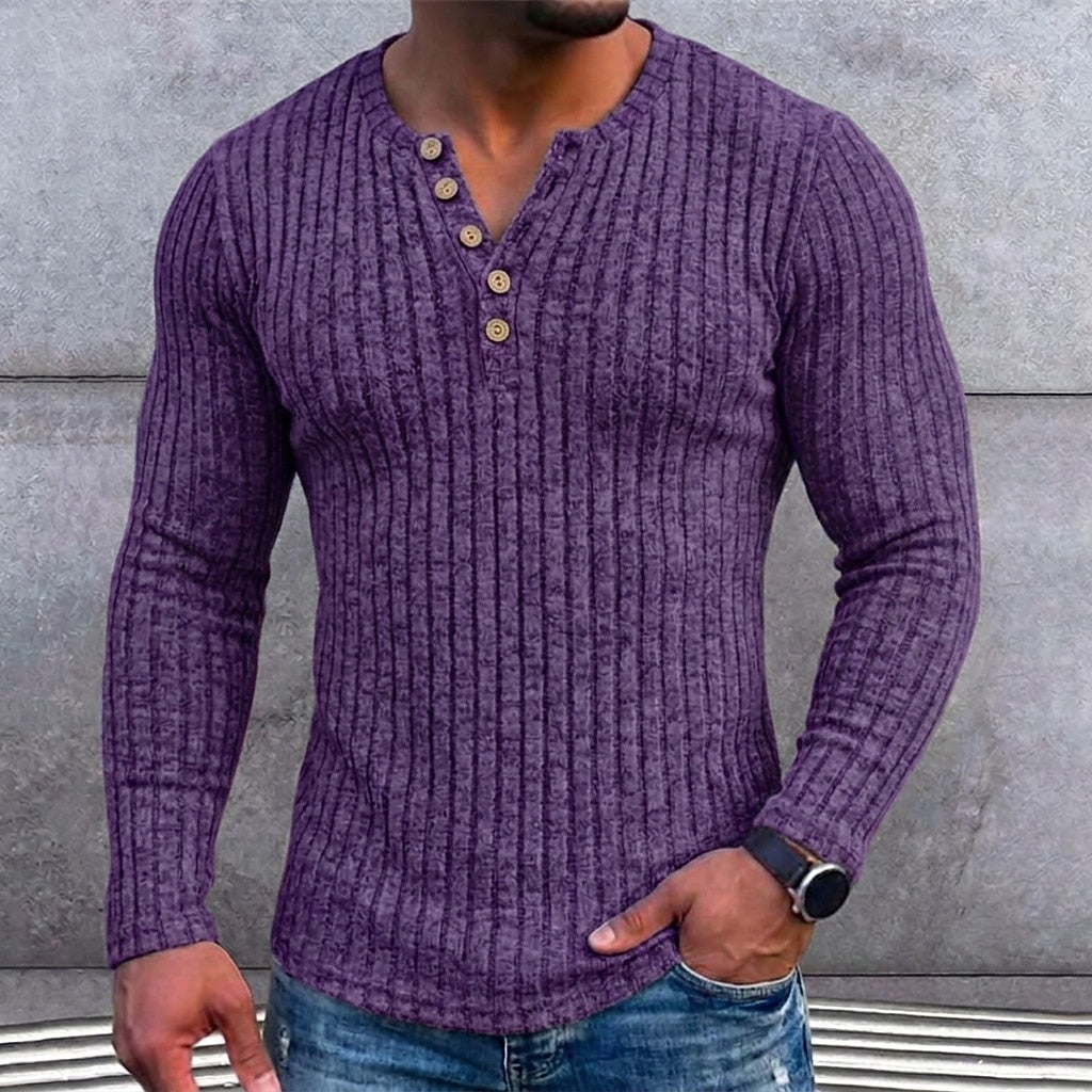 Ribbed Henley Long Sleeve T-Shirt