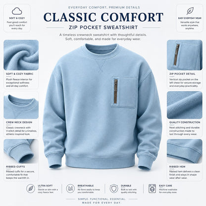 Zip Chest Pocket Crew Neck Sweatshirt