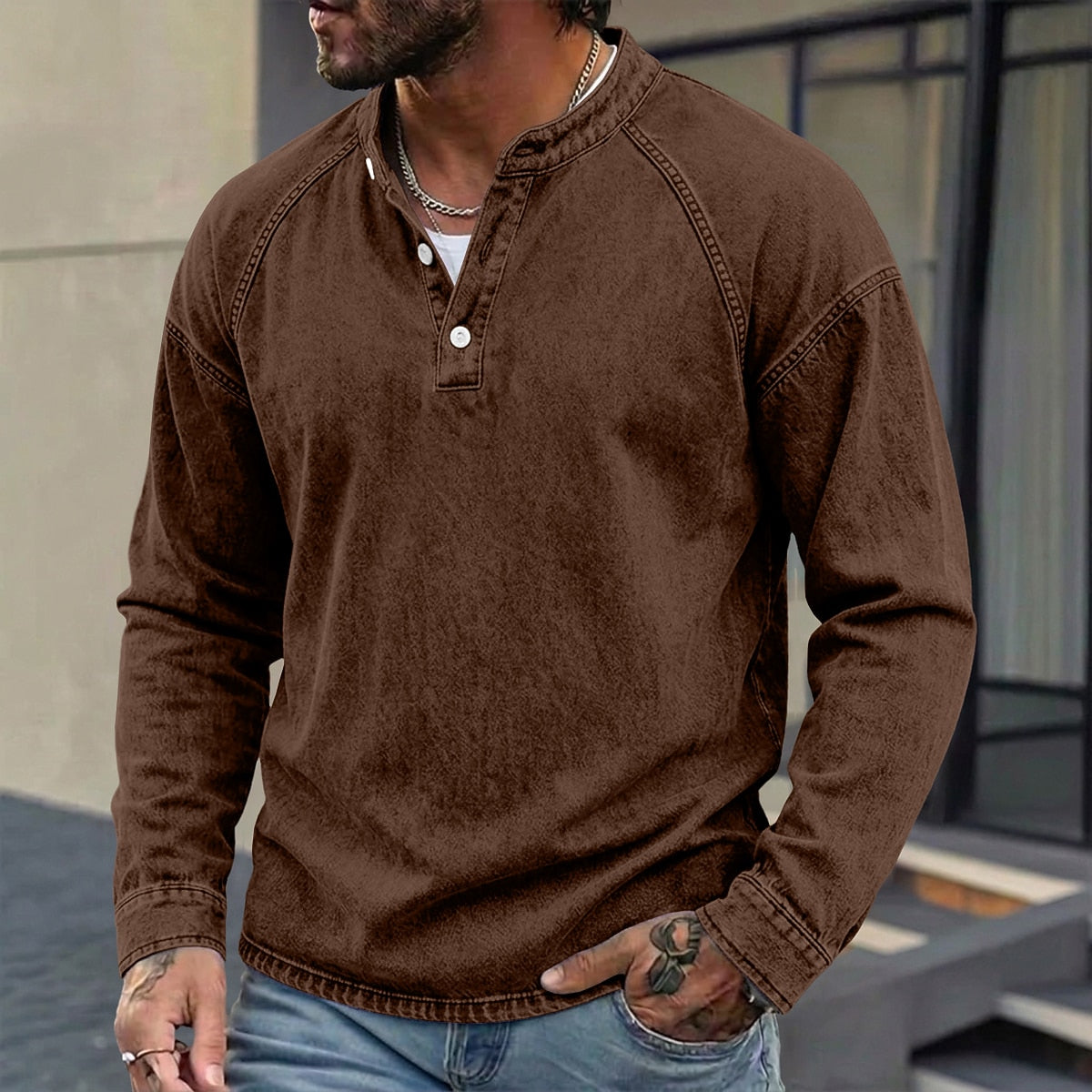 Washed Henley Long Sleeve T-Shirt