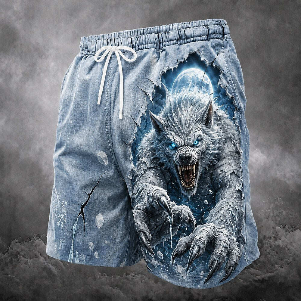 Men's Ice Wolf Print Mid-Length Dark Swim Shorts