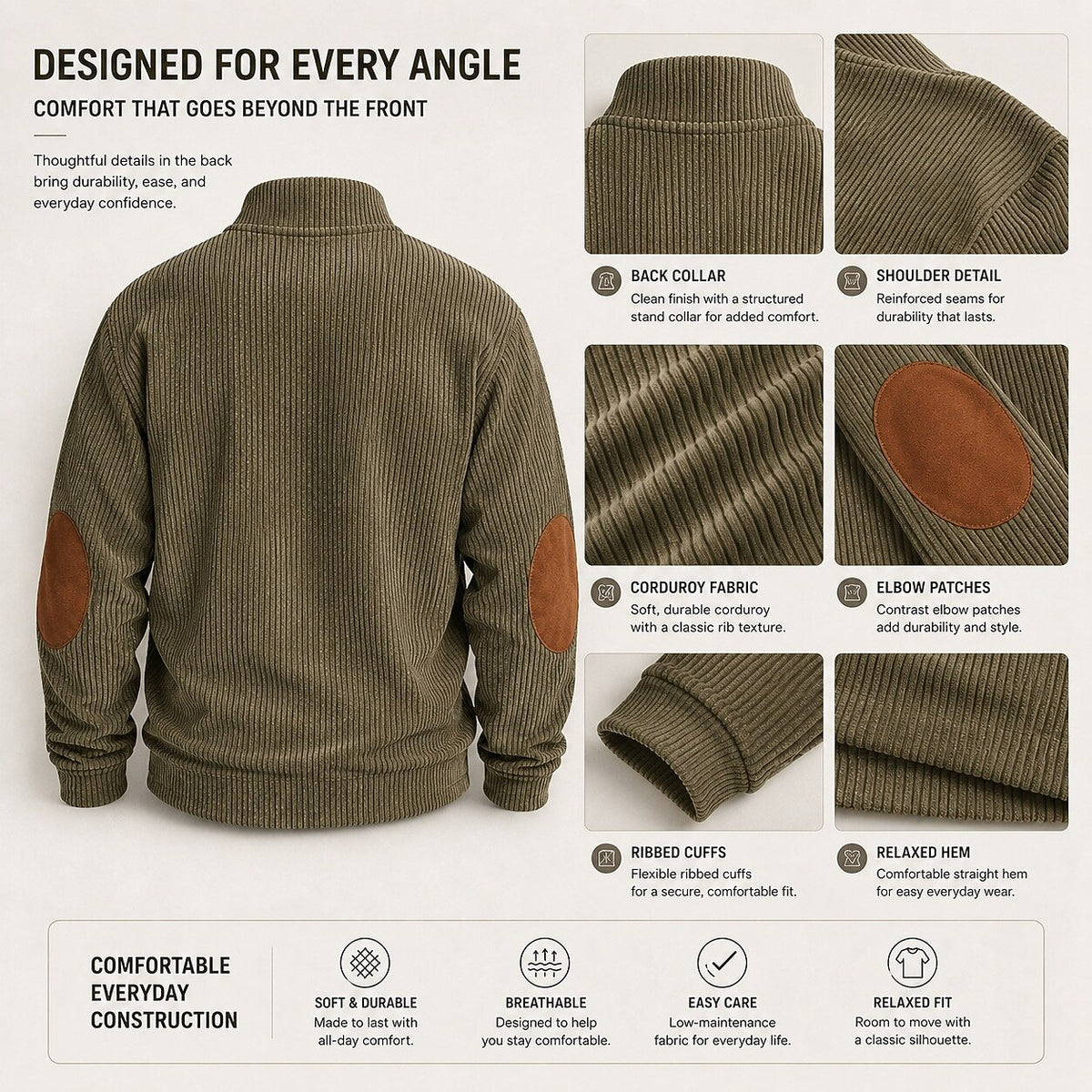Elbow Patch Corduroy Button-Neck Sweatshirt