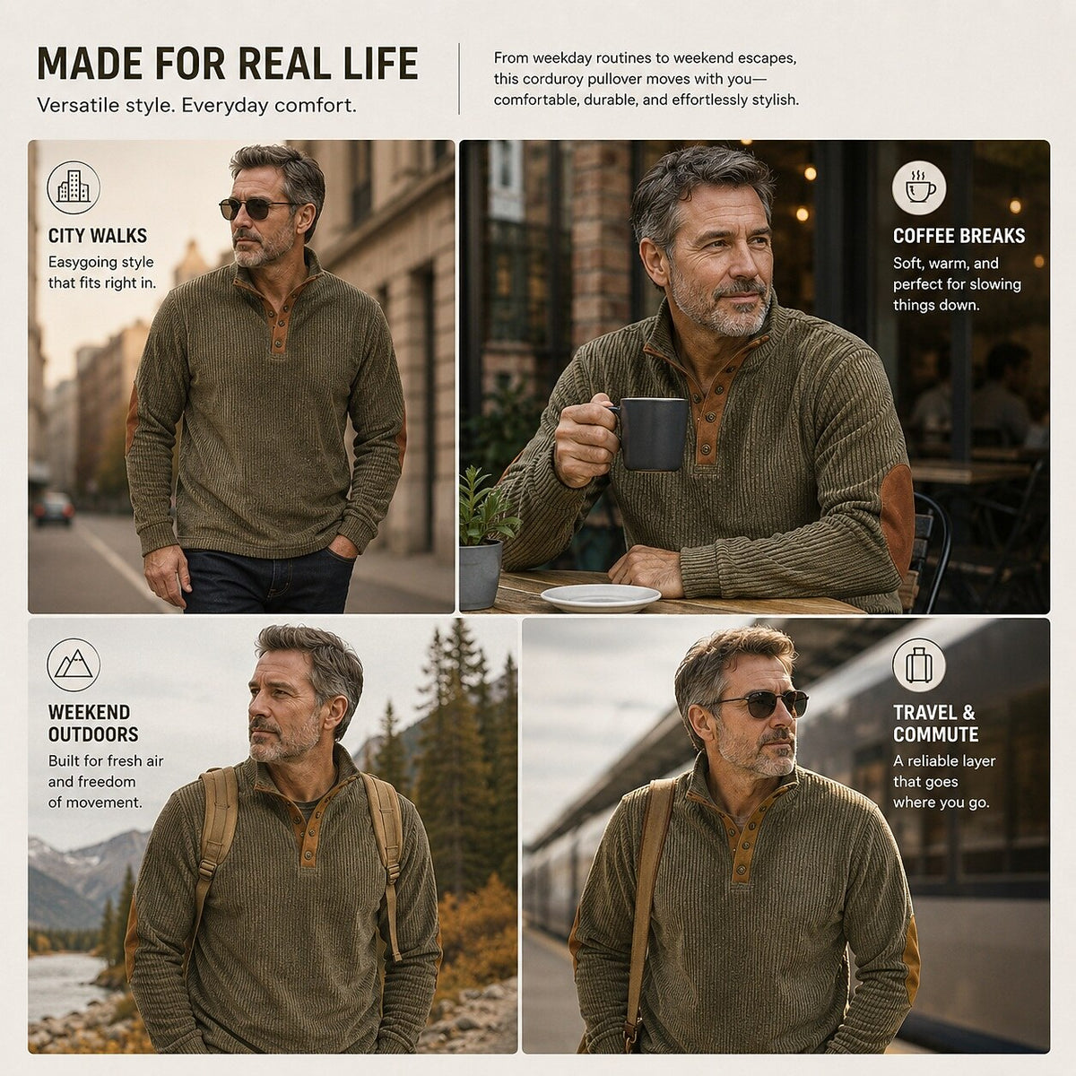 Elbow Patch Corduroy Button-Neck Sweatshirt