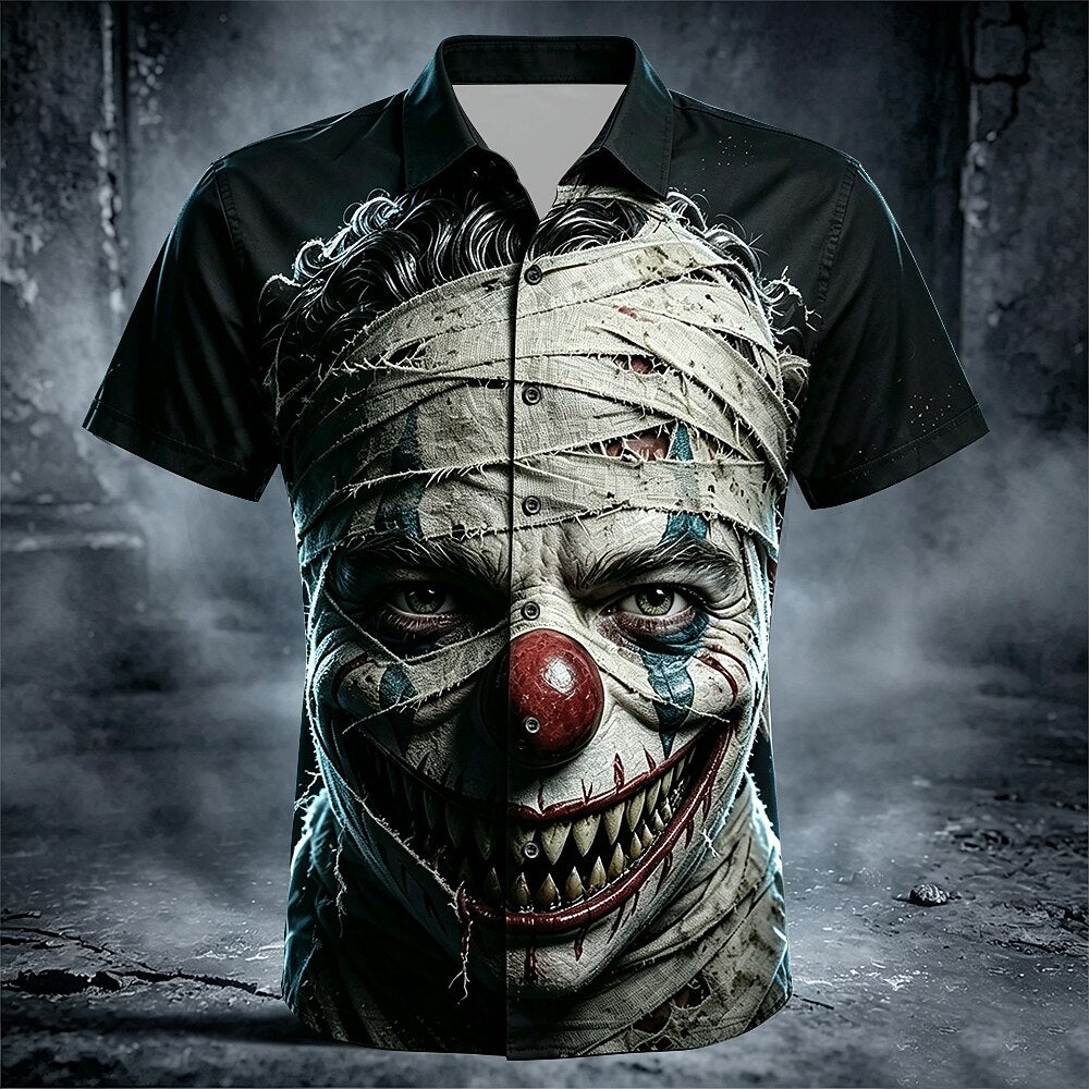 Men's Bandaged Clown Print Short Sleeve Horror Button-Down Shirt