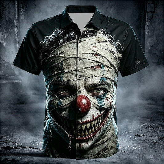 Men's Bandaged Clown Print Short Sleeve Horror Button-Down Shirt