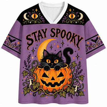 Stay Spooky Pumpkin Cat V-Neck Mesh Jersey