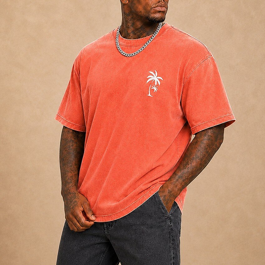 Men's Palm Tree Minimal Print Short Sleeve Acid-Wash T-Shirt
