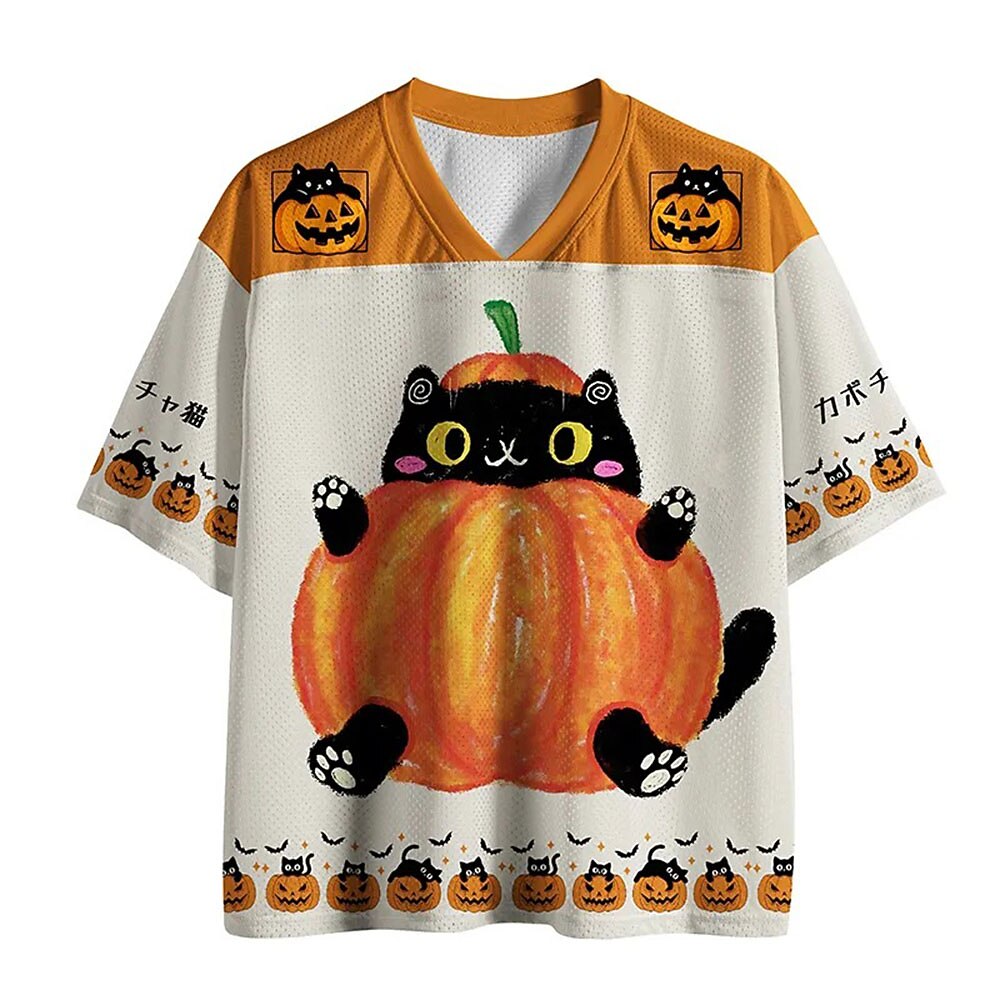 Men's Cat Pumpkin Graphic V-Neck Jersey