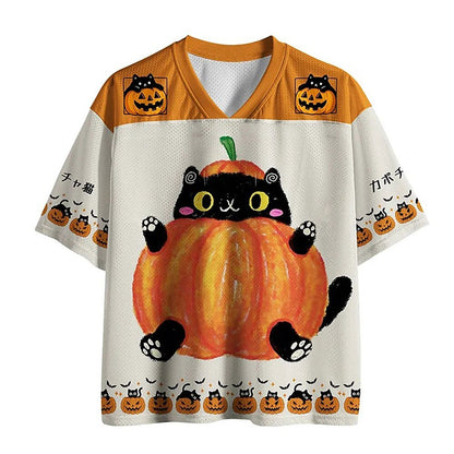 Men's Cat Pumpkin Graphic V-Neck Jersey