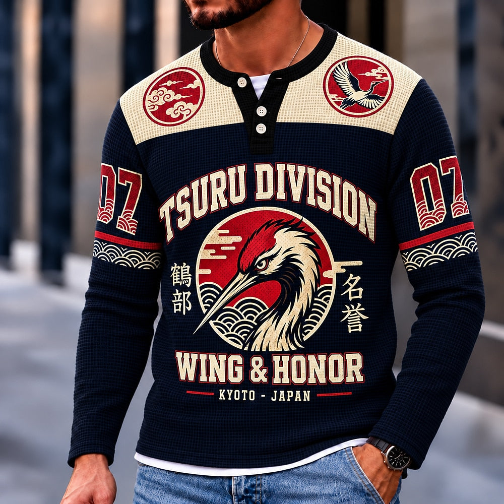Crane Wing and Honor 07 Henley Long Sleeve T-Shirt