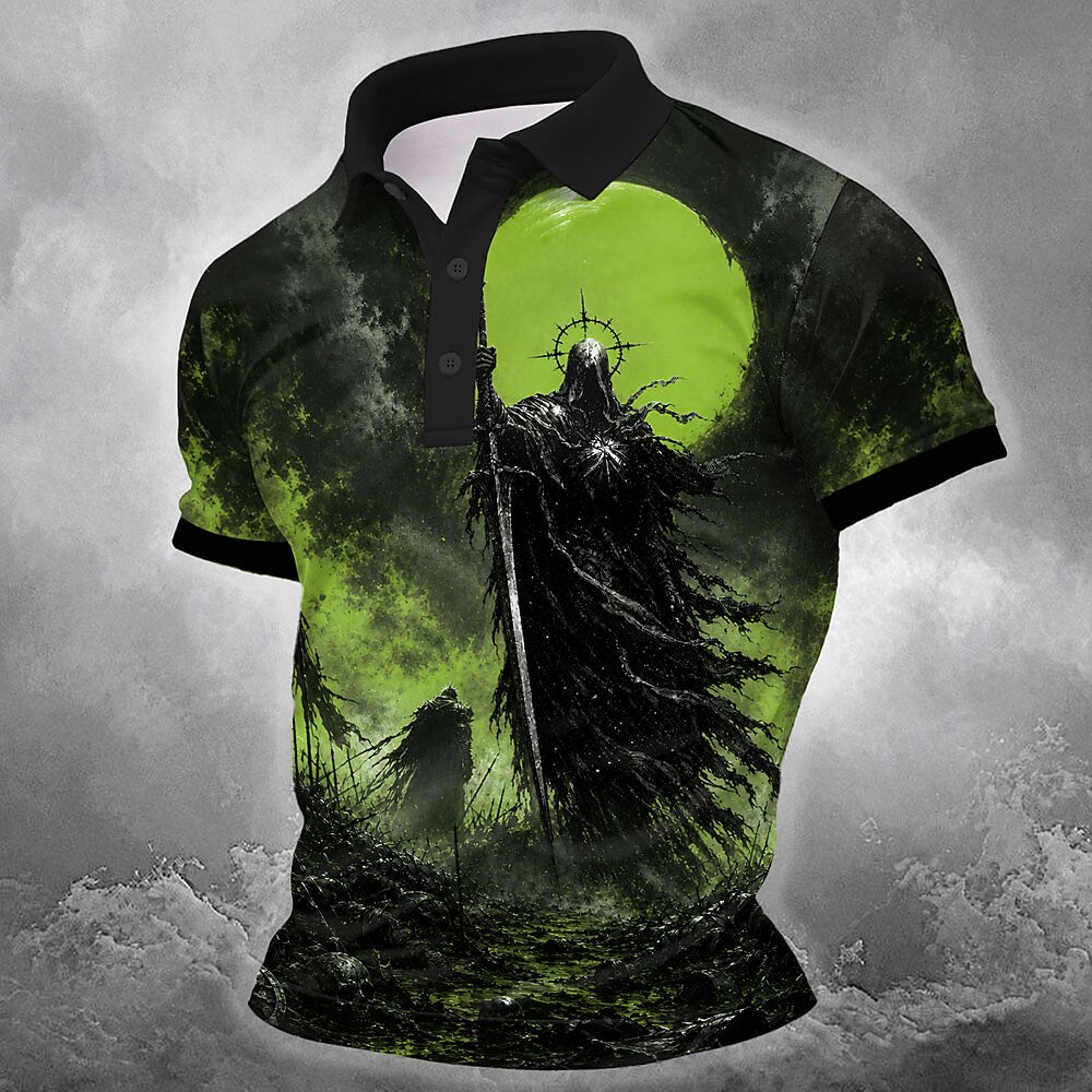 Men's Red Moon Knight Print Short Sleeve Gothic Polo Shirt