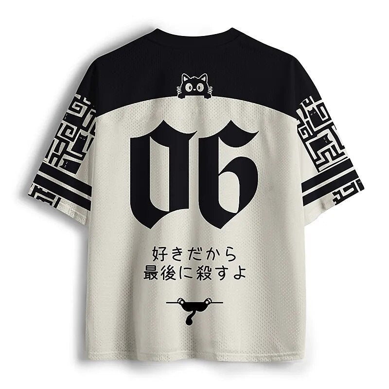 Men's Japanese Daruma Owl Print Short Sleeve Sports Jersey T-Shirt
