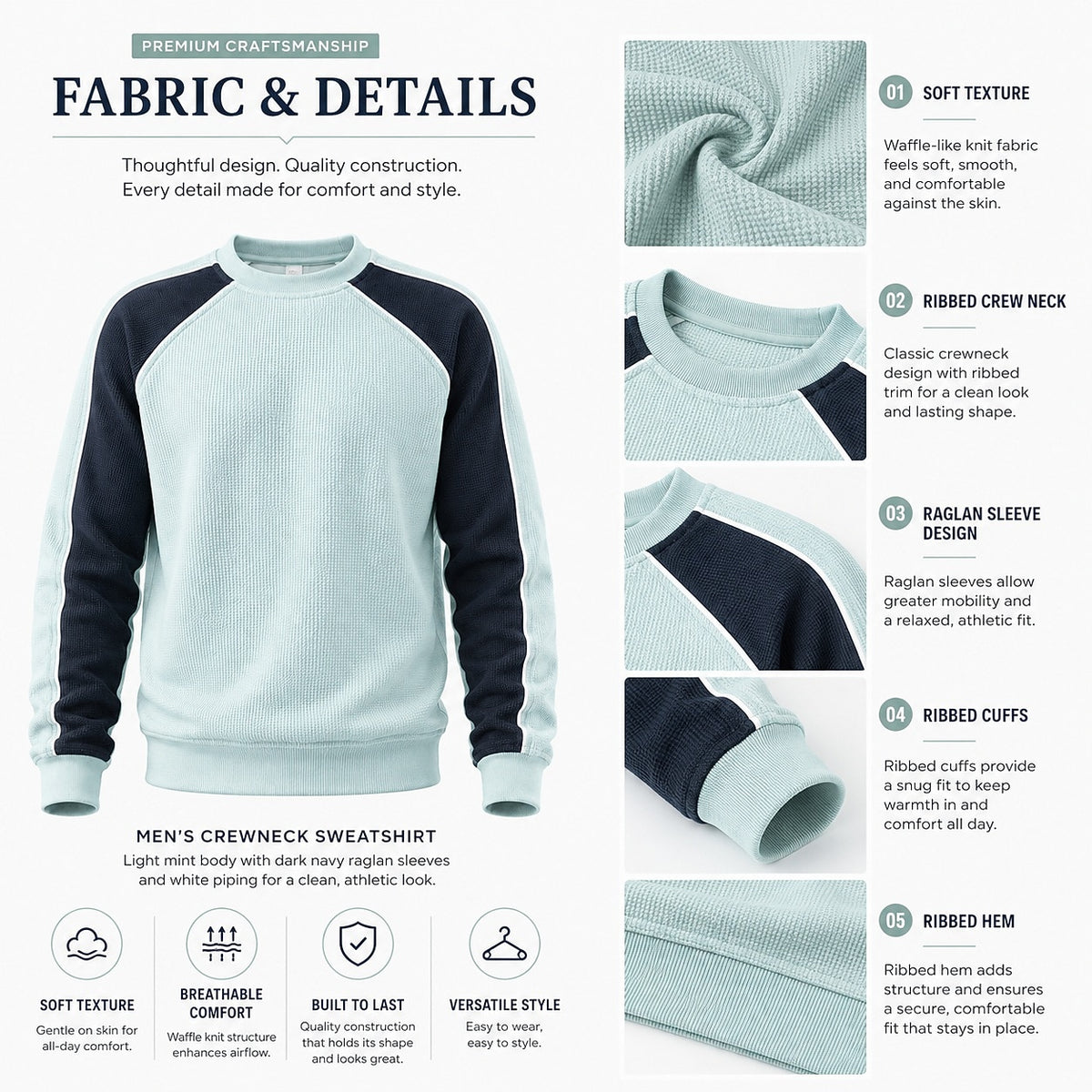 Raglan Waffle Crew Neck Sweatshirt