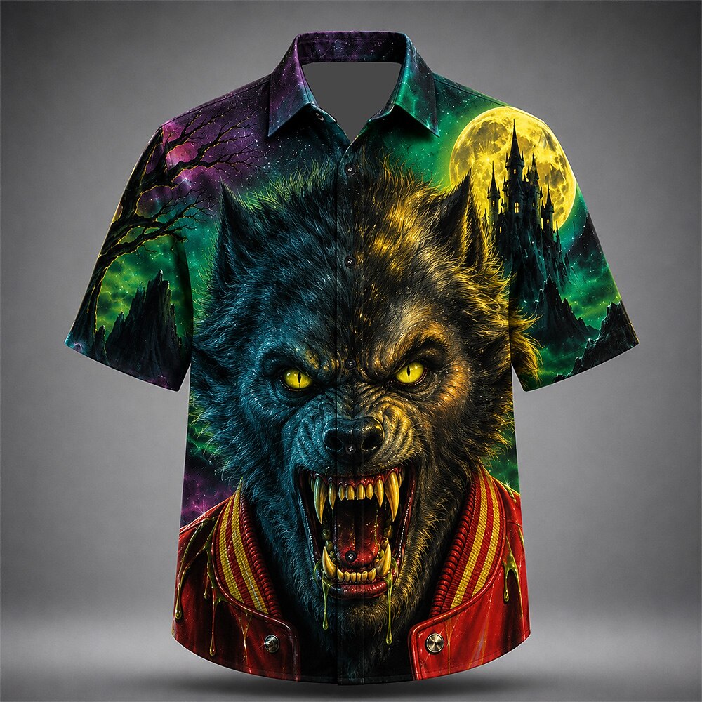 Men's Werewolf Monster Print Short Sleeve Horror Button-Down Shirt