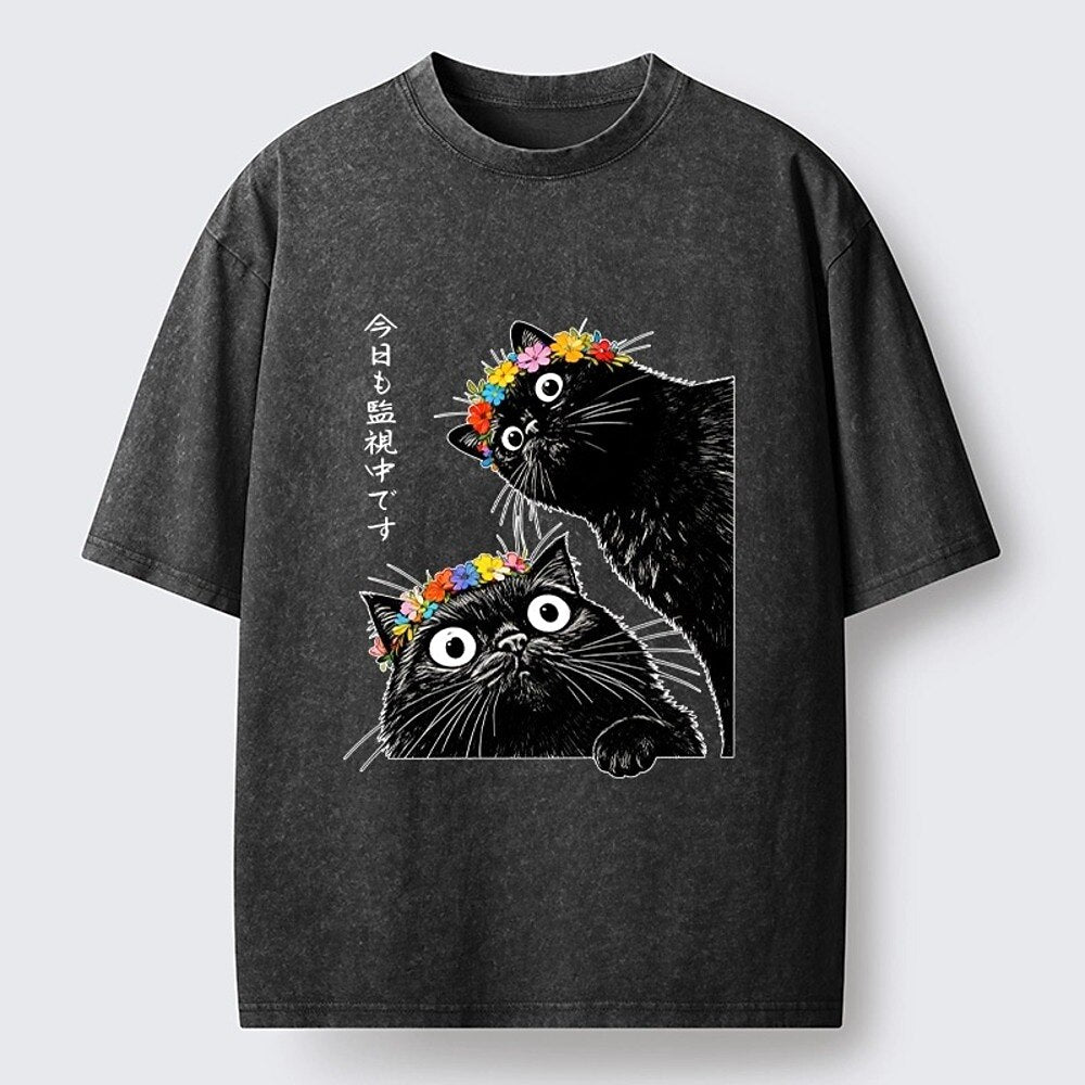 Japanese Style Black Cats Flower Crown Washed T-Shirt