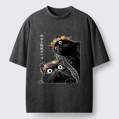 Japanese Style Black Cats Flower Crown Washed T-Shirt