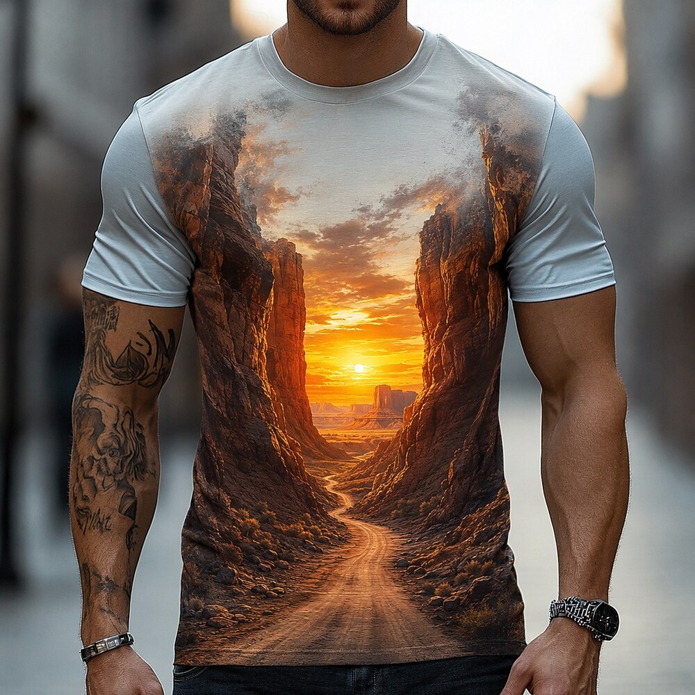 Men's Sunset Road Illusion Print Short Sleeve Designer T-Shirt