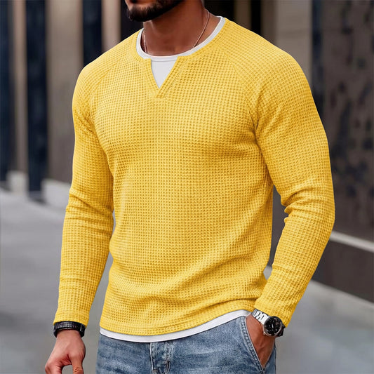 Layered Notch Neck Waffle Henley Long Sleeve T-Shirt