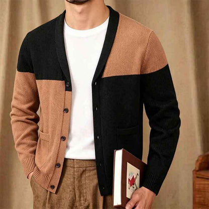 Offset Color-Block V-Neck Cardigan