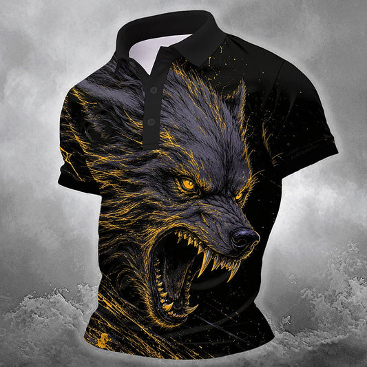 Men's Howling Wolf Print Short Sleeve Gothic Polo Shirt