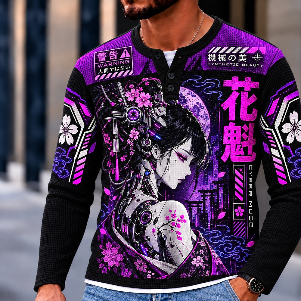 Mechanical Geisha Blossom Henley Long Sleeve T-Shirt