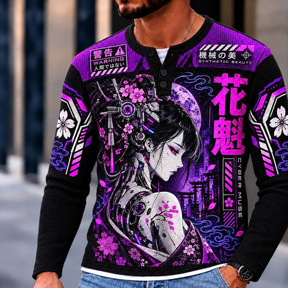 Mechanical Geisha Blossom Henley Long Sleeve T-Shirt