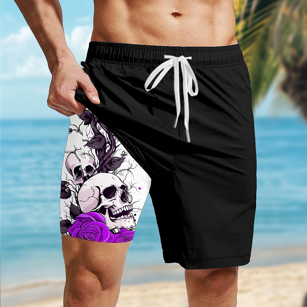 Men's Skull Rose Print Mid-Length Gothic Lined Board Shorts