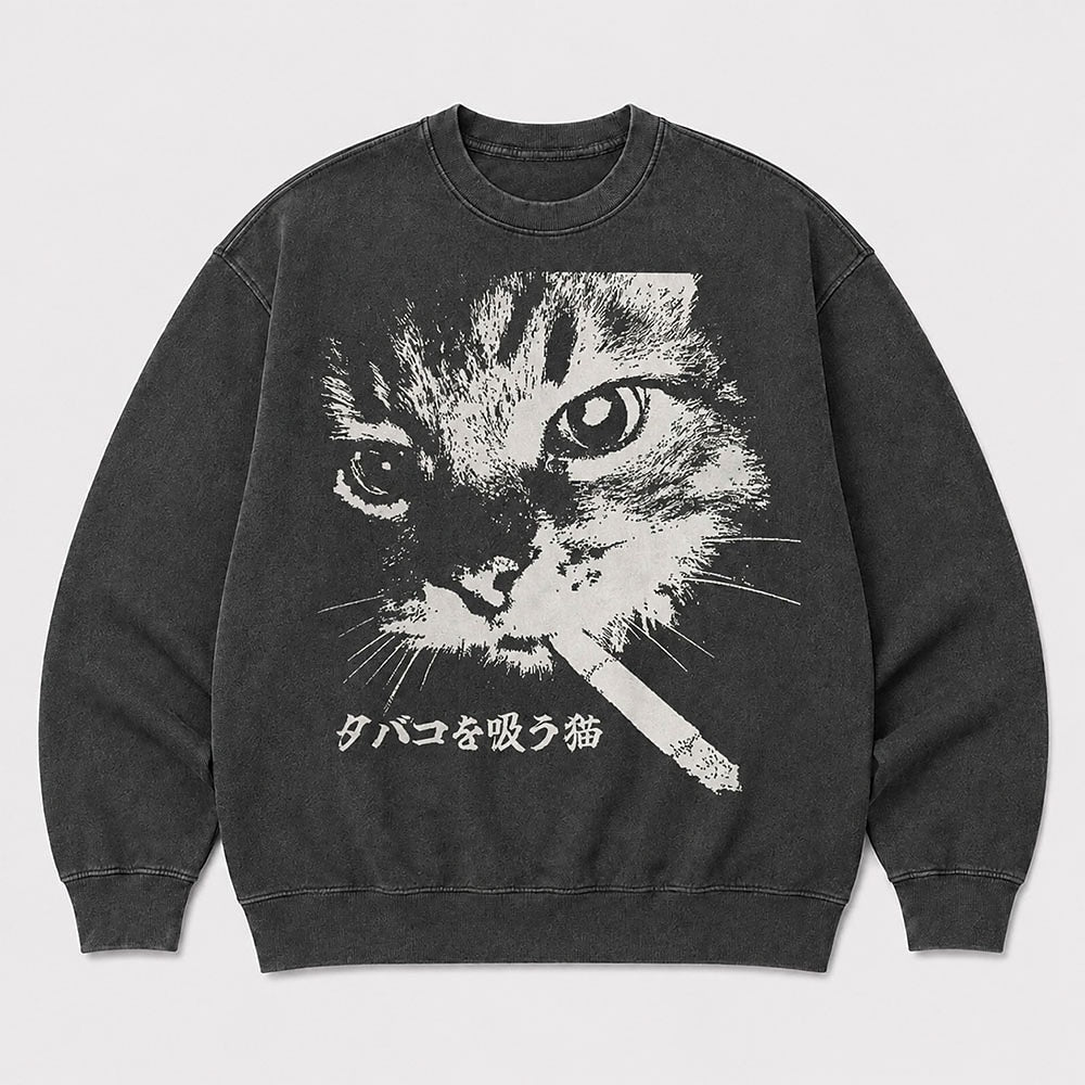 Men's Black Cat Graphic Washed Crew Neck Sweatshirt