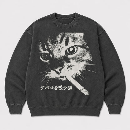 Men's Black Cat Graphic Washed Crew Neck Sweatshirt