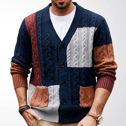 Patchwork Cable V-Neck Cardigan