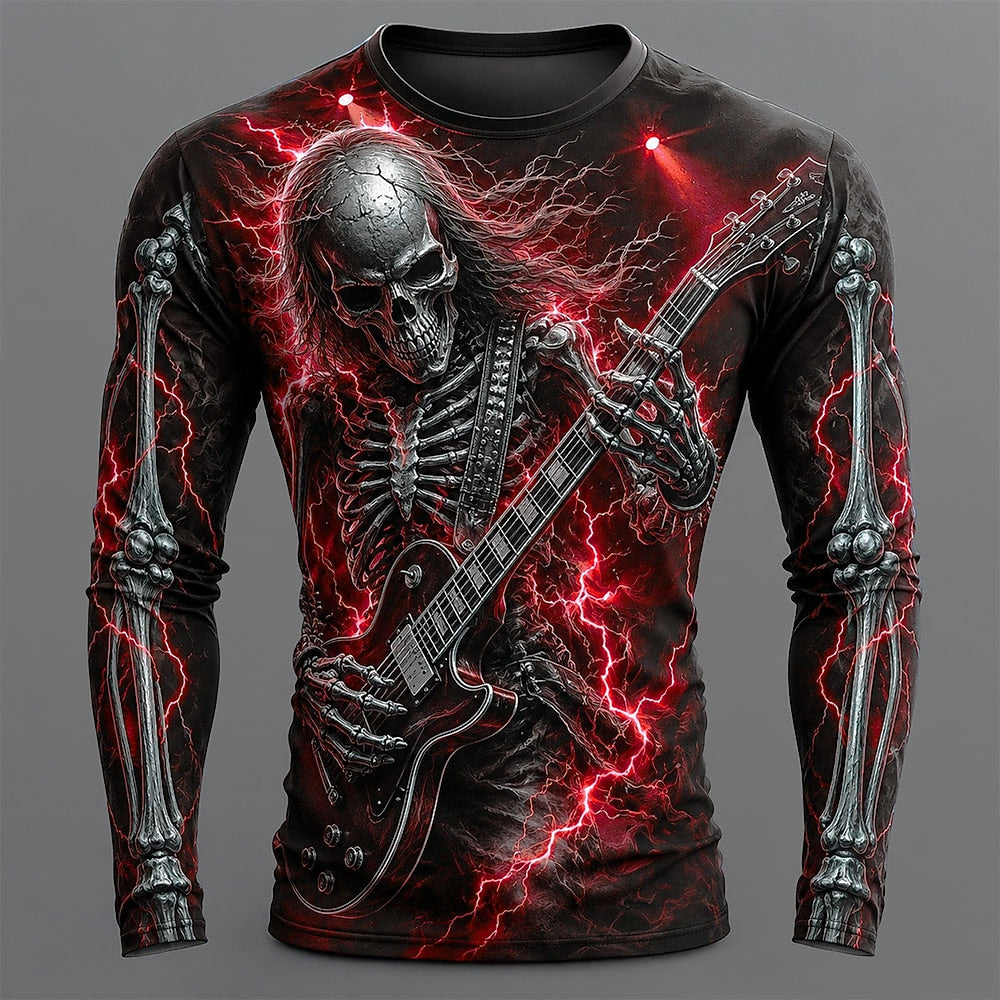 Halloween Men's Electric Skeleton Guitar Graphic Long Sleeve T-Shirt