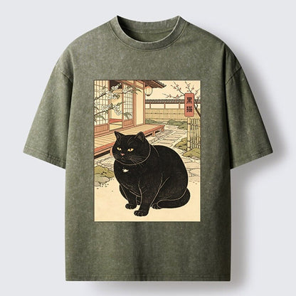 Japanese Style Black Cat Washed T-Shirt