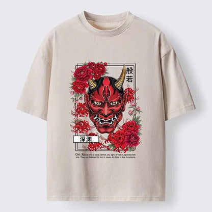 Men's Hannya Demon Mask & Red Peony Washed Cotton T-Shirt