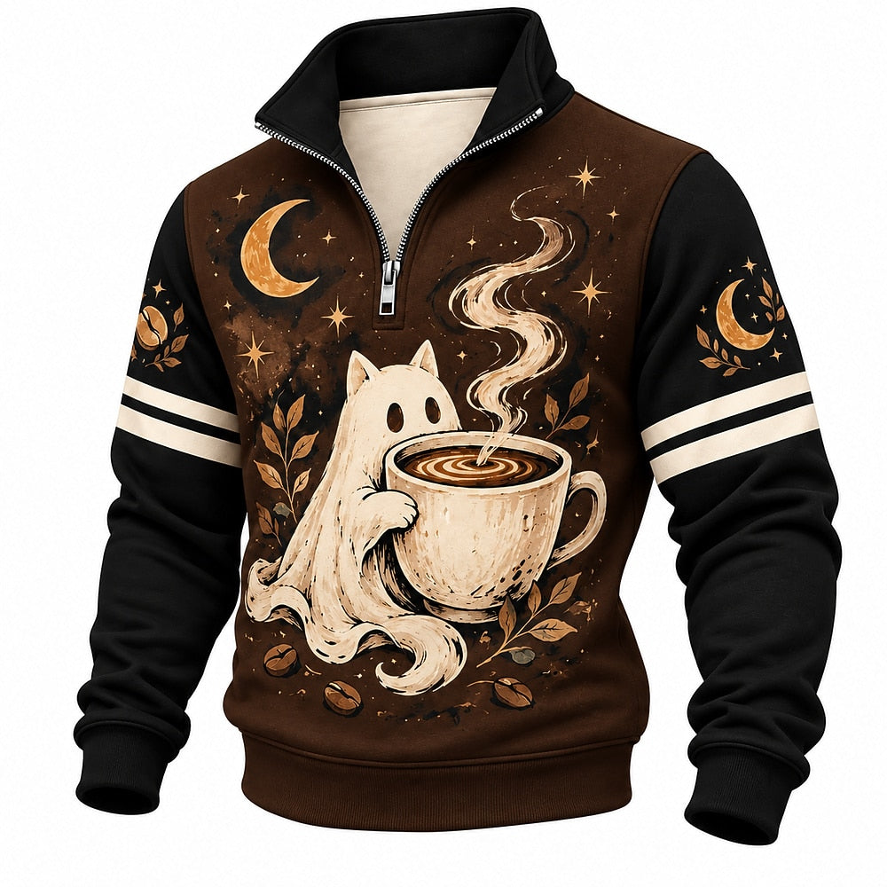 Moonlit Coffee Ghost Cat Half-Zip Sweatshirt