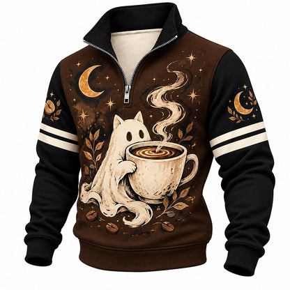 Moonlit Coffee Ghost Cat Half-Zip Sweatshirt