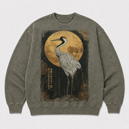 Men's Japanese Crane Graphic Washed Crew Neck Sweatshirt