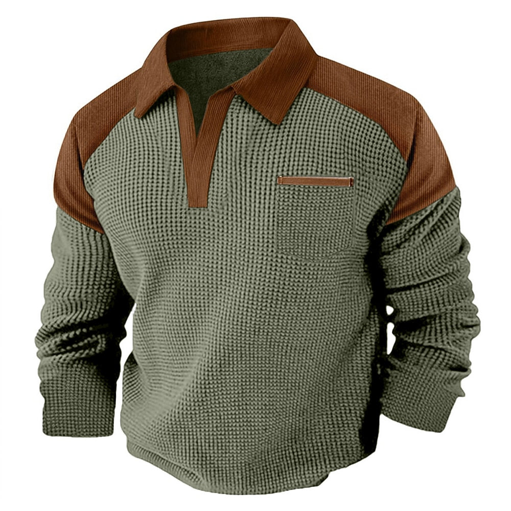 Contrast Collar Waffle Long Sleeve Polo