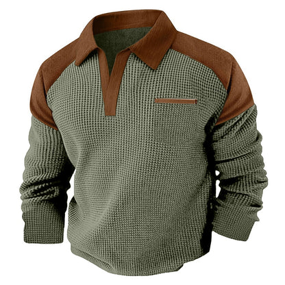 Contrast Collar Waffle Long Sleeve Polo