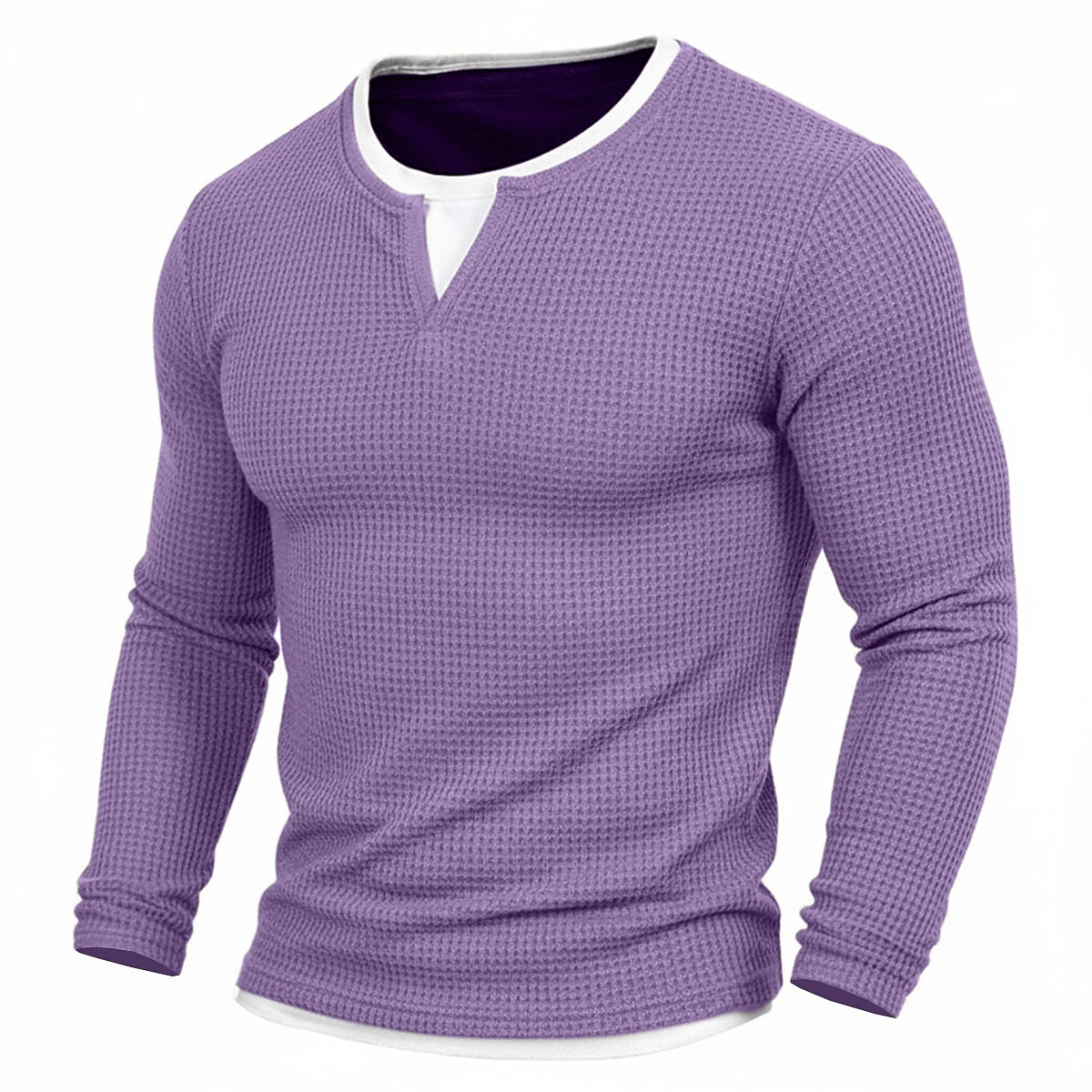 Contrast Inset Waffle Henley Long Sleeve T-Shirt