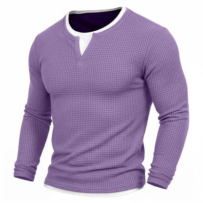 Contrast Inset Waffle Henley Long Sleeve T-Shirt