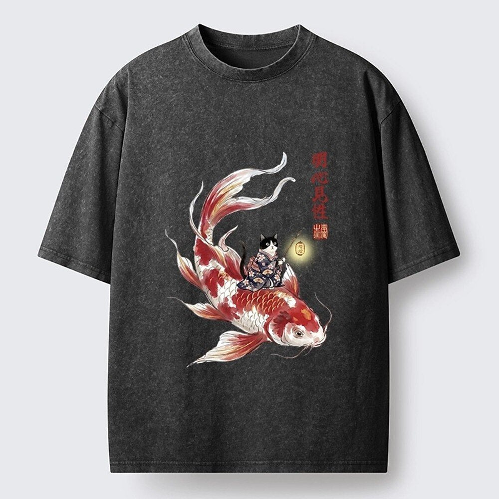 Japanese Style Cat Koi Lantern Washed T-Shirt