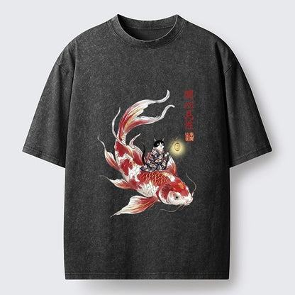 Japanese Style Cat Koi Lantern Washed T-Shirt