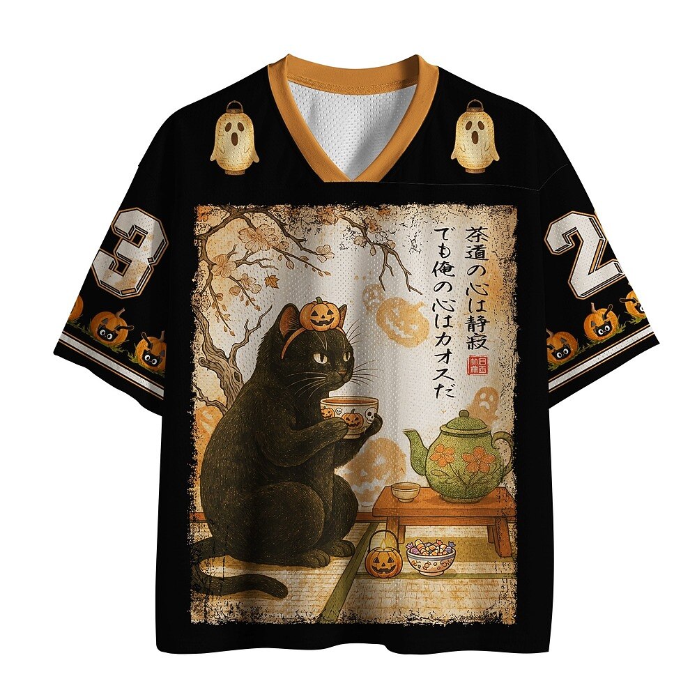 Men's Black Cat Number Graphic V-Neck Sports Jersey