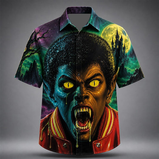 Men's Werewolf Monster Print Short Sleeve Horror Button-Down Shirt