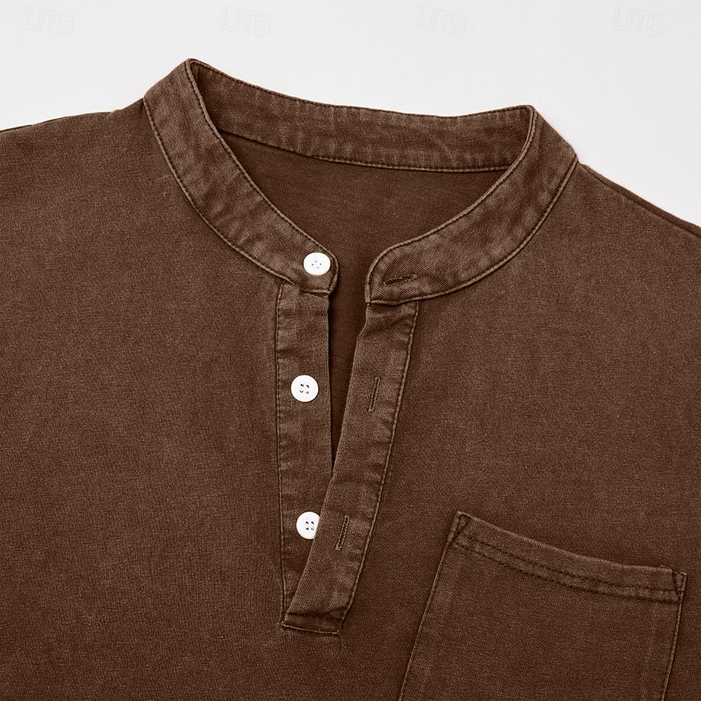 Washed Pocket Henley Long Sleeve T-Shirt