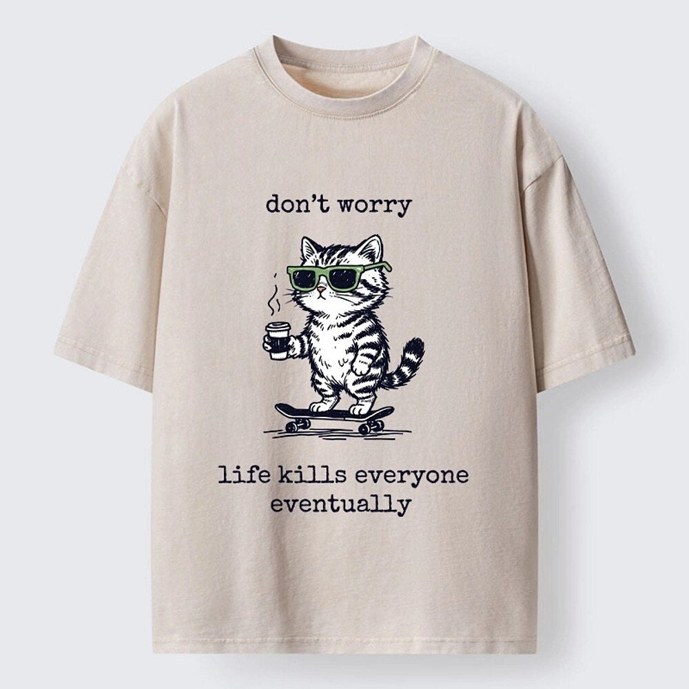 Japanese Style Skateboard Cat Washed T-Shirt
